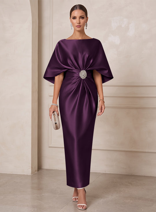 Sheath/Column Boat Neck Satin Cocktail Dresses with Sash Half Sleeves Ankle-Length Ruched Party Dresses