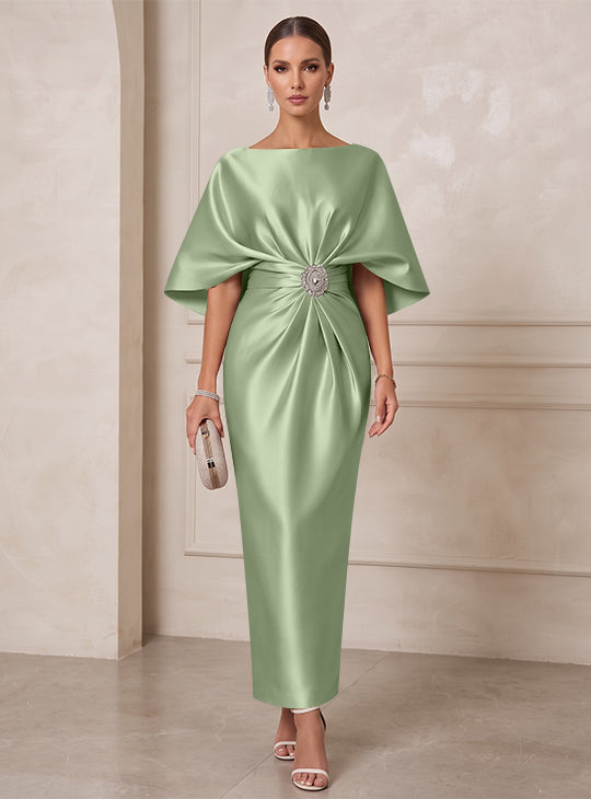 Sheath/Column Boat Neck Satin Cocktail Dresses with Sash Half Sleeves Ankle-Length Ruched Party Dresses