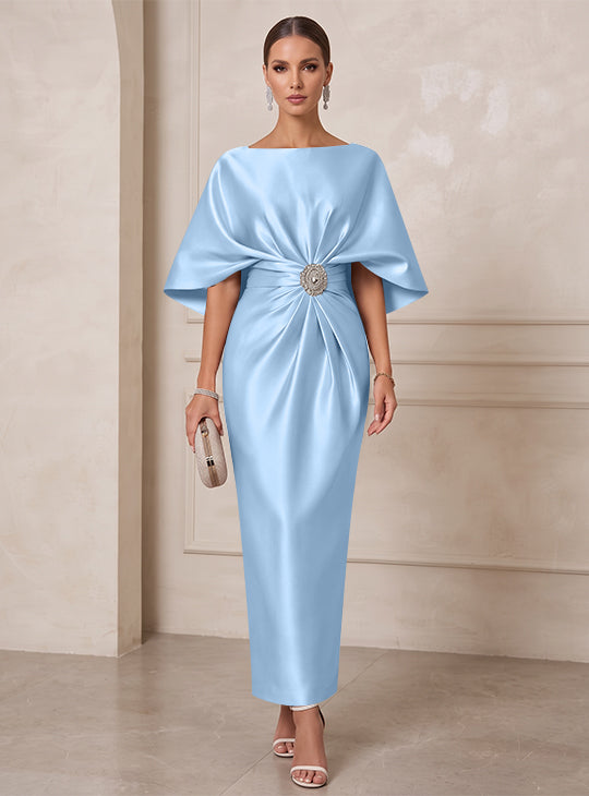 Sheath/Column Boat Neck Satin Cocktail Dresses with Sash Half Sleeves Ankle-Length Ruched Party Dresses