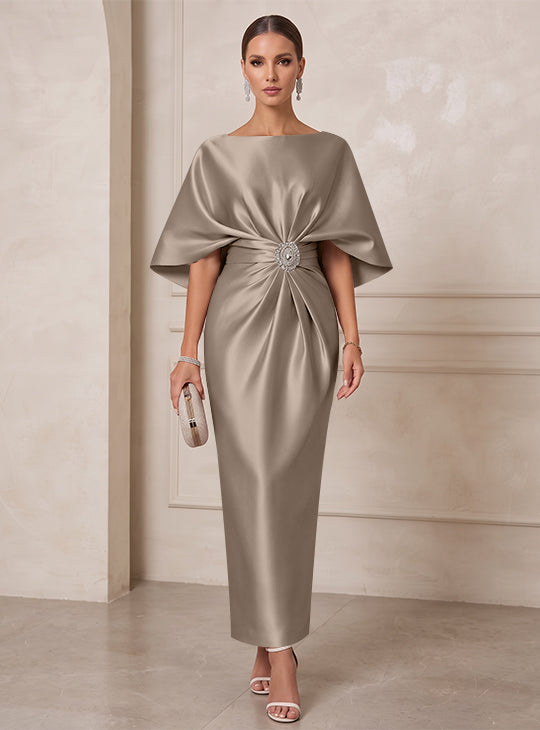 Sheath/Column Boat Neck Satin Cocktail Dresses with Sash Half Sleeves Ankle-Length Ruched Party Dresses