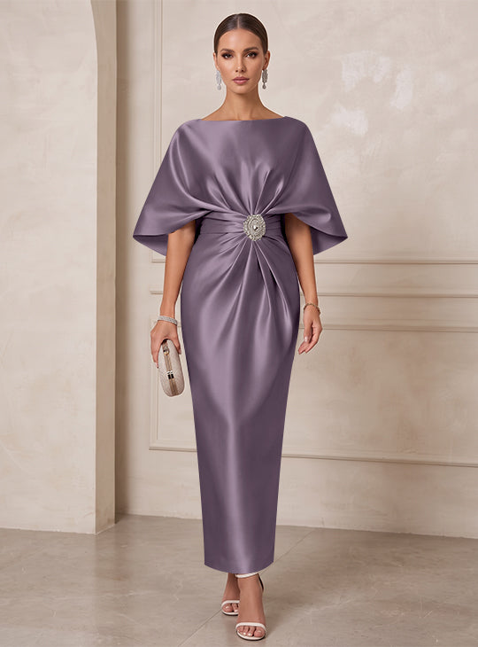 Sheath/Column Boat Neck Satin Cocktail Dresses with Sash Half Sleeves Ankle-Length Ruched Party Dresses