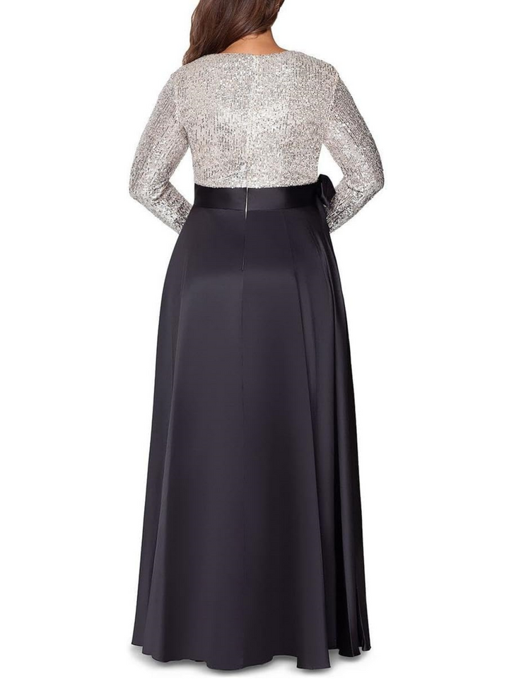 A-Line/Princess V-Neck Long Sleeves Floor-Length Mother of the Bride Dresses With Pocket & Sequins