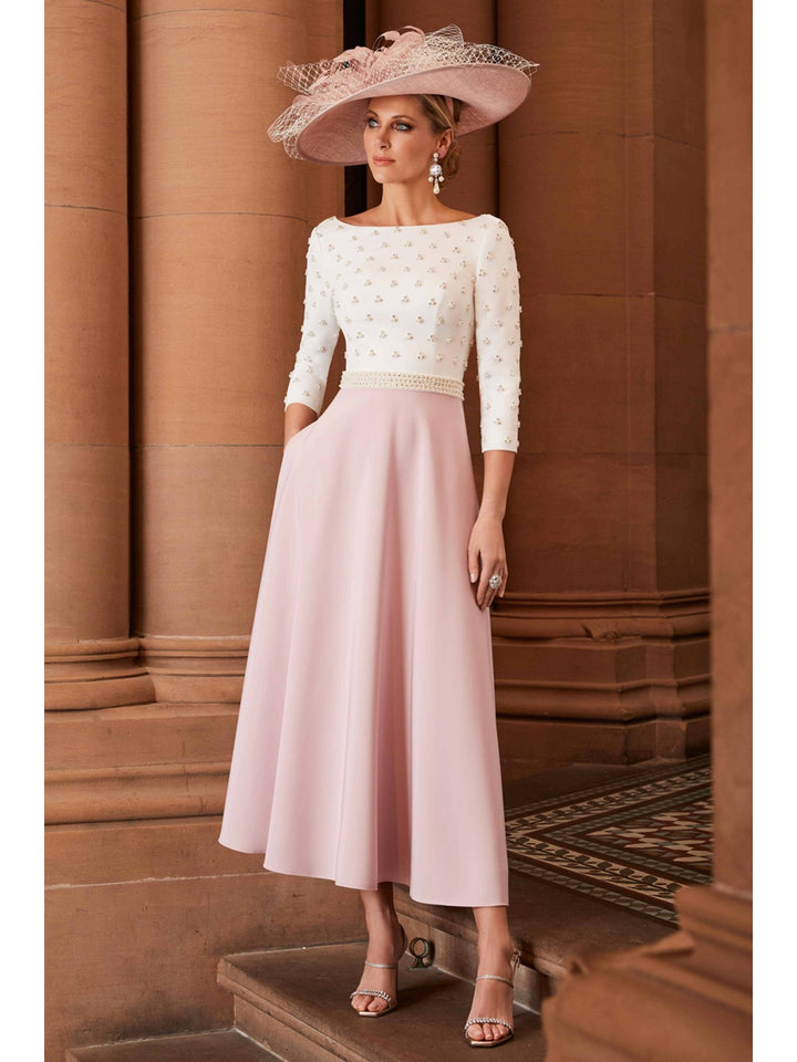 A-Line/Princess Cowl Neck 3/4 Sleeves Mother of the Bride Dresses with Pearl Belt & Ruffles Back