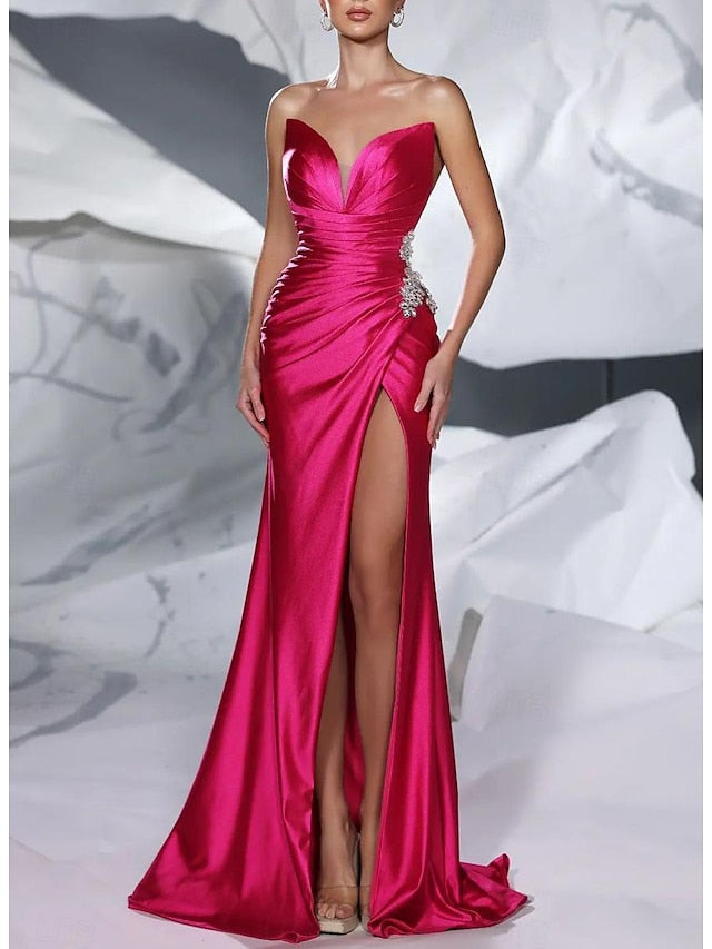 Sheath/Column V-Neck Sleeveless Floor-Length Long Evening Floral Dresses with Split Side Ruffles Sash Sequins