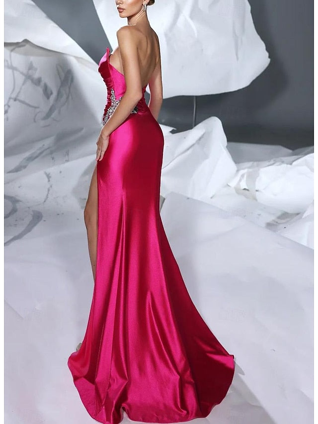 Sheath/Column V-Neck Sleeveless Floor-Length Long Evening Floral Dresses with Split Side Ruffles Sash Sequins