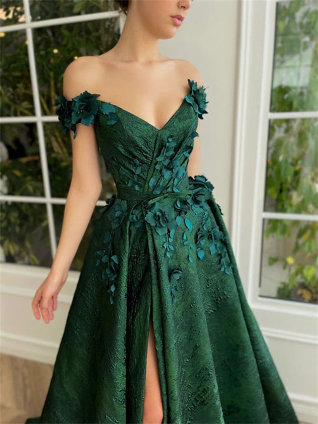 A-Line/Princess Off-the-Shoulder Sleeveless Floor-length Long Prom Floral Dresses Whit Split Side Appliques