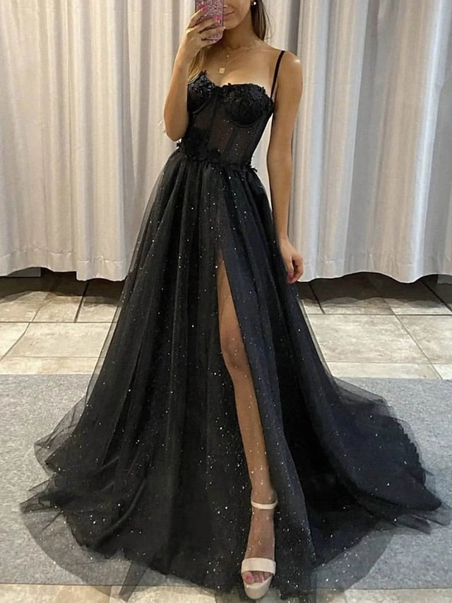 A-Line/Princess Spaghetti Straps Long Prom Dresses