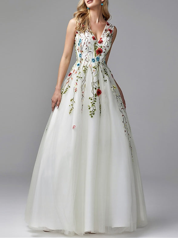 A-Line/Princess V-Neck Floor-length Prom Dresses