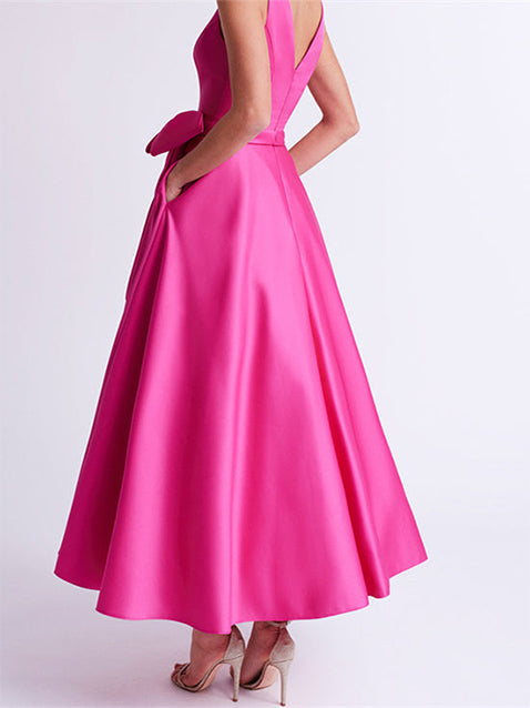 A-Line/Princess V-Neck Sleeveless Ankle-Length Mother of the Bride Dresses with Pockets & Ruffles