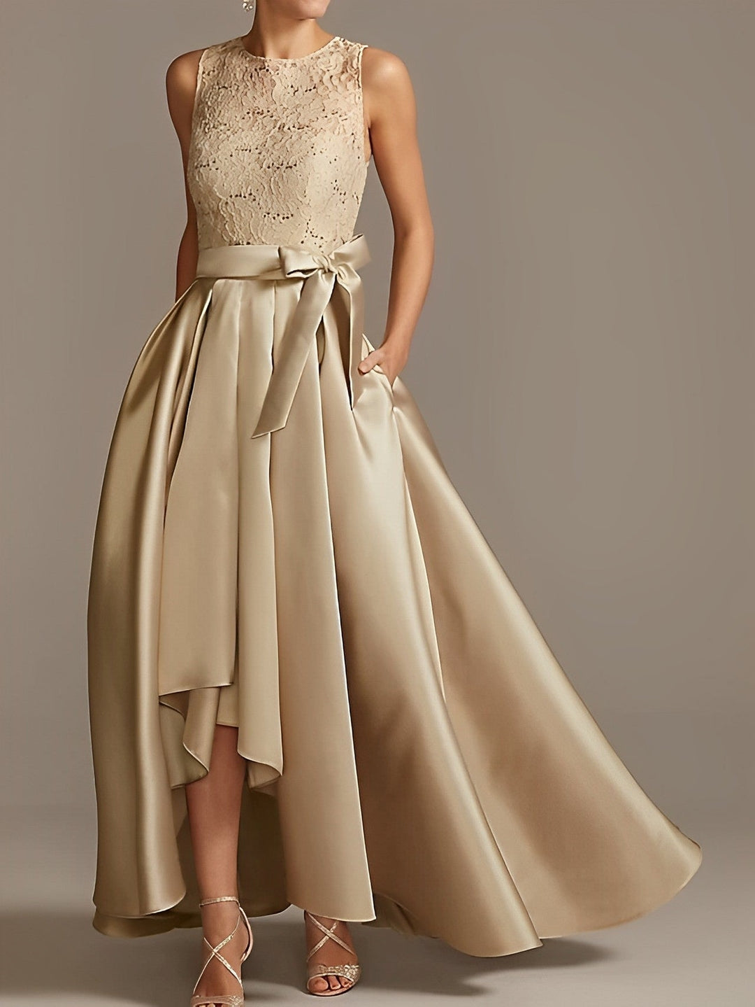 A-Line/Princess Jewel Neck Sleeveless Asymmetrical Mother Of The Bride Dresses With Pleats