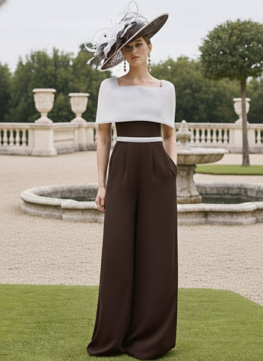 Square Collar Floor-Length Jumpsuit Mother of the Bride Off-the-Shoulder Cape