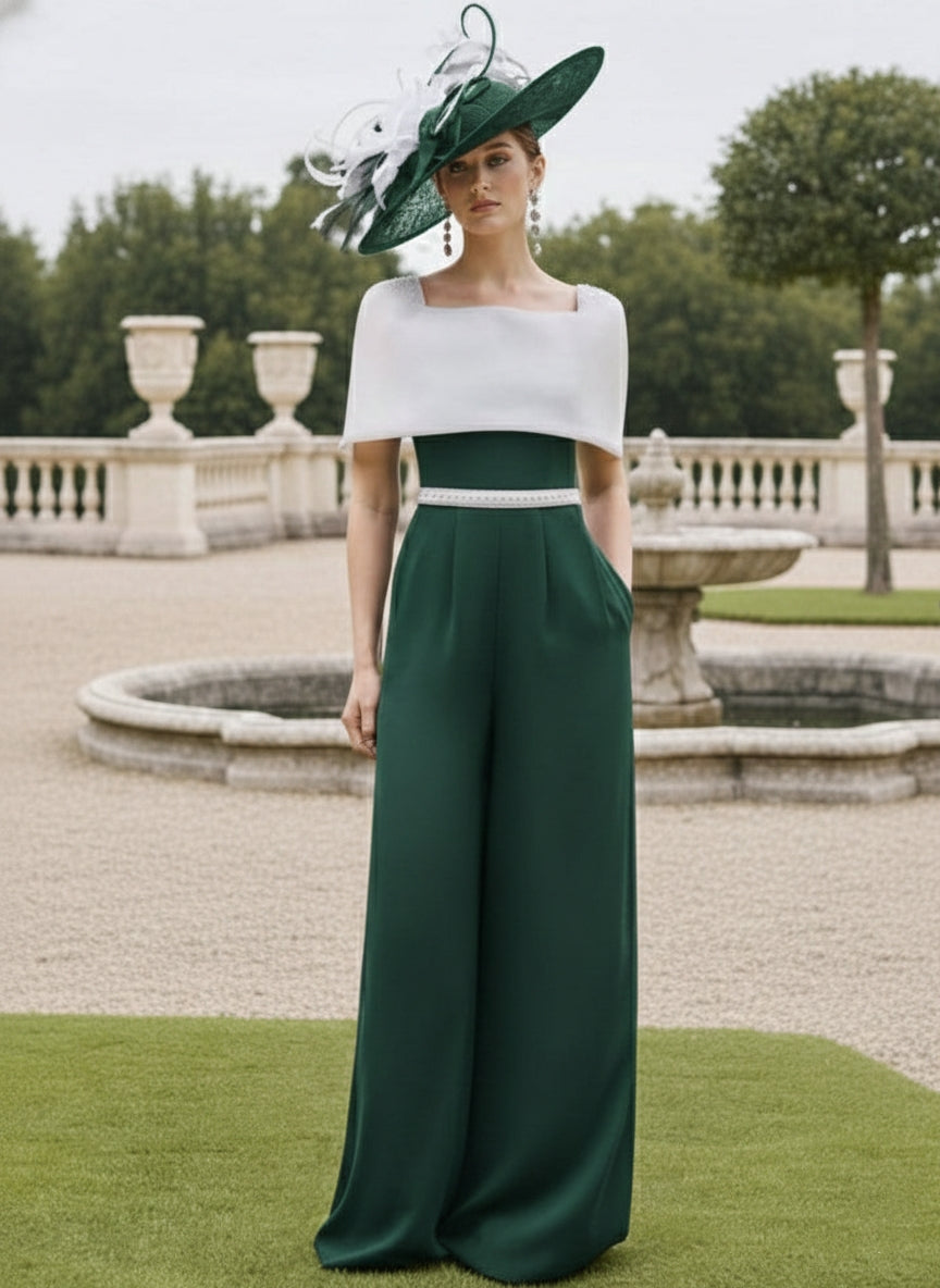 Square Collar Floor-Length Jumpsuit Mother of the Bride Off-the-Shoulder Cape