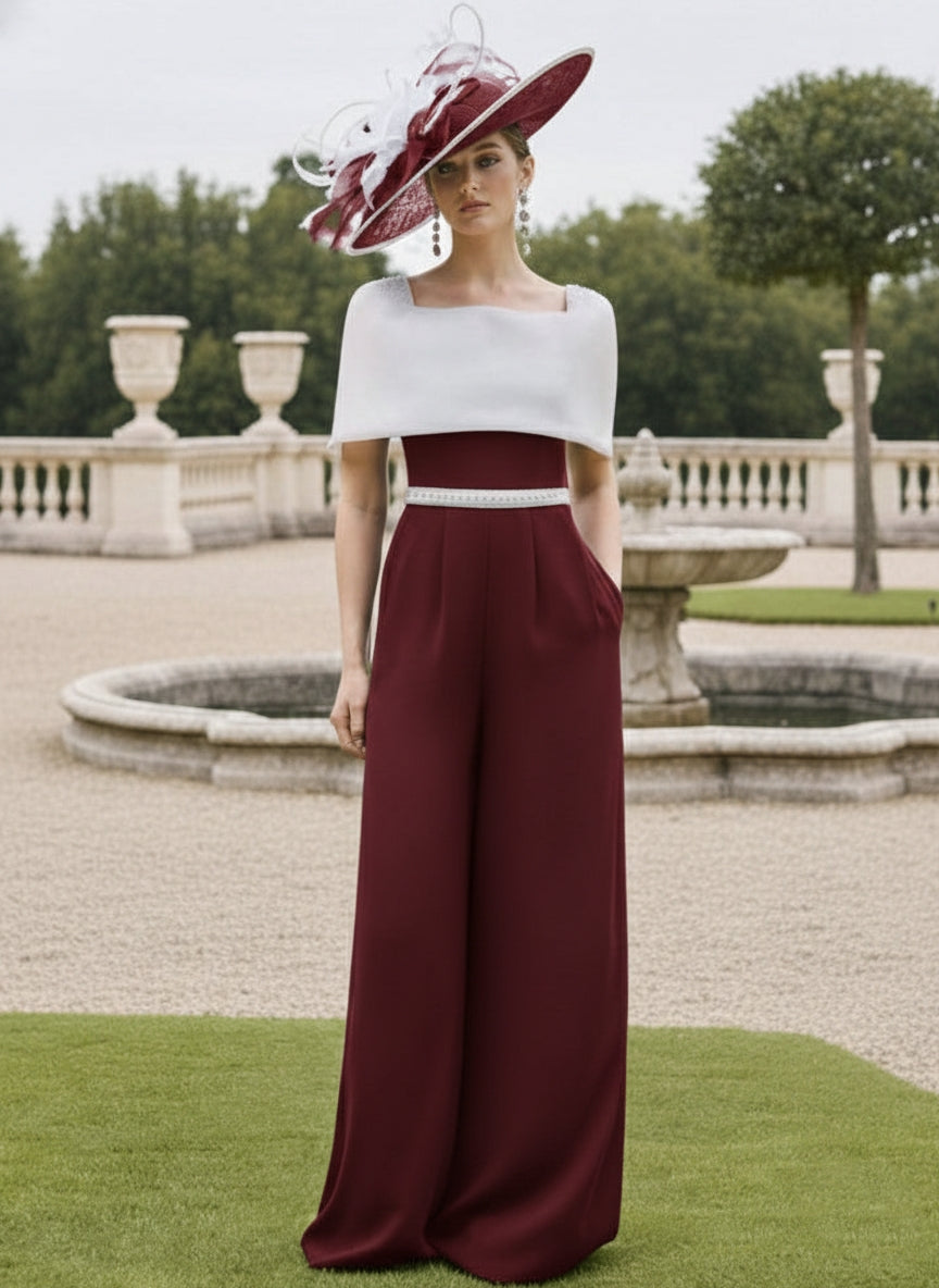 Square Collar Floor-Length Jumpsuit Mother of the Bride Off-the-Shoulder Cape