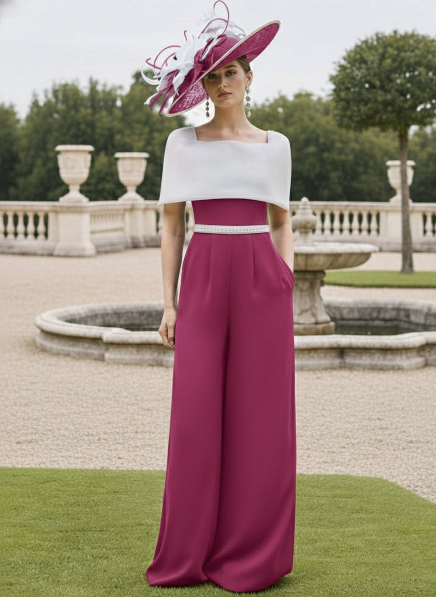 Square Collar Floor-Length Jumpsuit Mother of the Bride Off-the-Shoulder Cape