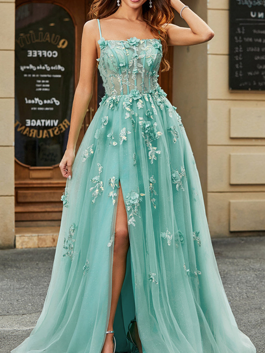 A-Line/Princess Spaghetti Straps Sleeveless Floor Length Evening Dress with Appliques