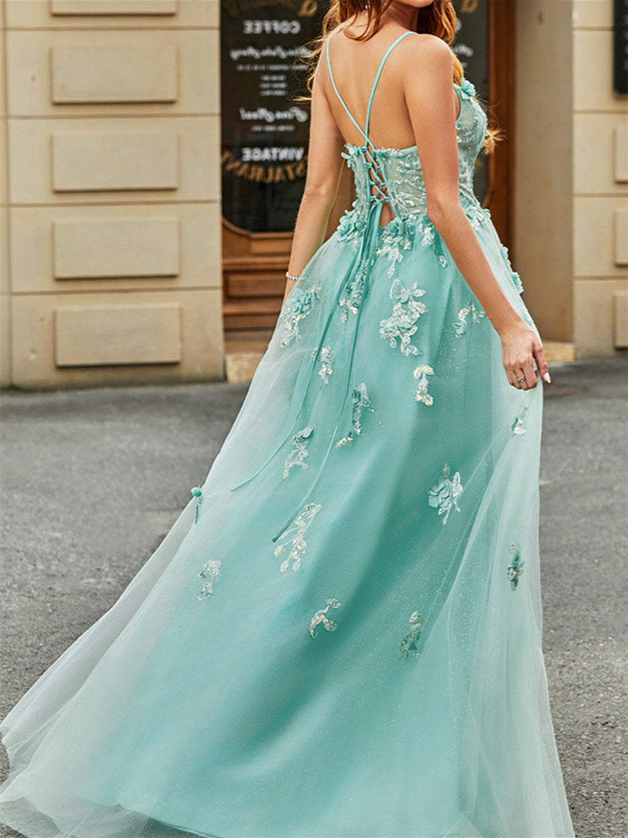 A-Line/Princess Spaghetti Straps Sleeveless Floor Length Evening Dress with Appliques