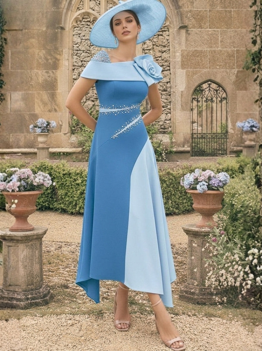 A-Line/Princess One-Shoulder Stretch Satin Mother of the Bride Dresses With 3D Flower Asymmetrical Ankle-Length
