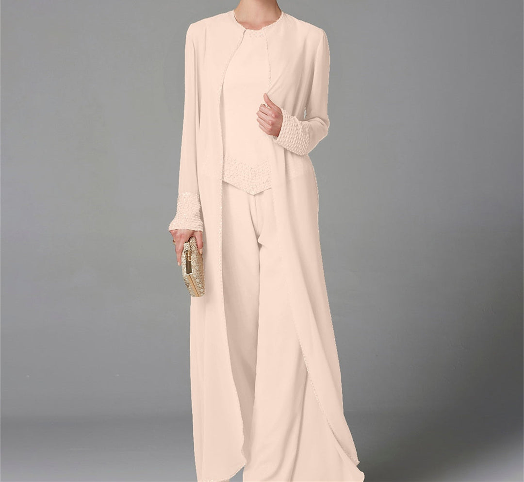 Chiffon Long Sleeves Mother of the Bride Pantsuits with Jacket & Sequins