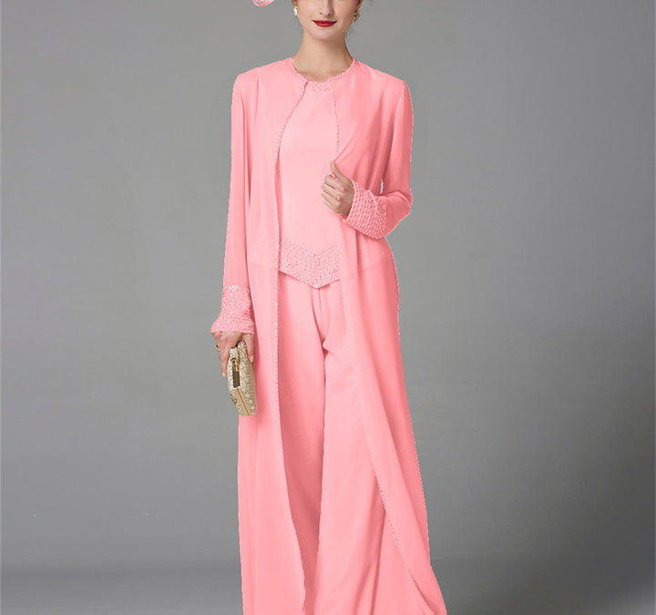 Chiffon Long Sleeves Mother of the Bride Pantsuits with Jacket & Sequins