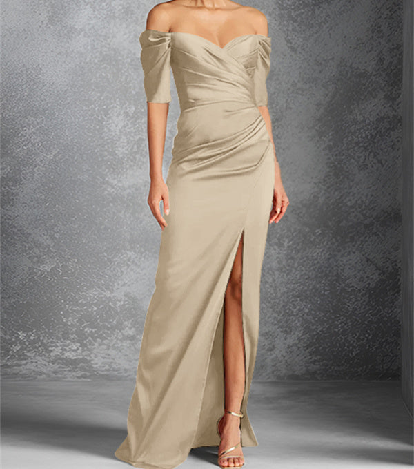 Sheath/Column Off-the-Shoulder Short Sleeves Floor-Length Mother of the Bride Dresses With Split Front