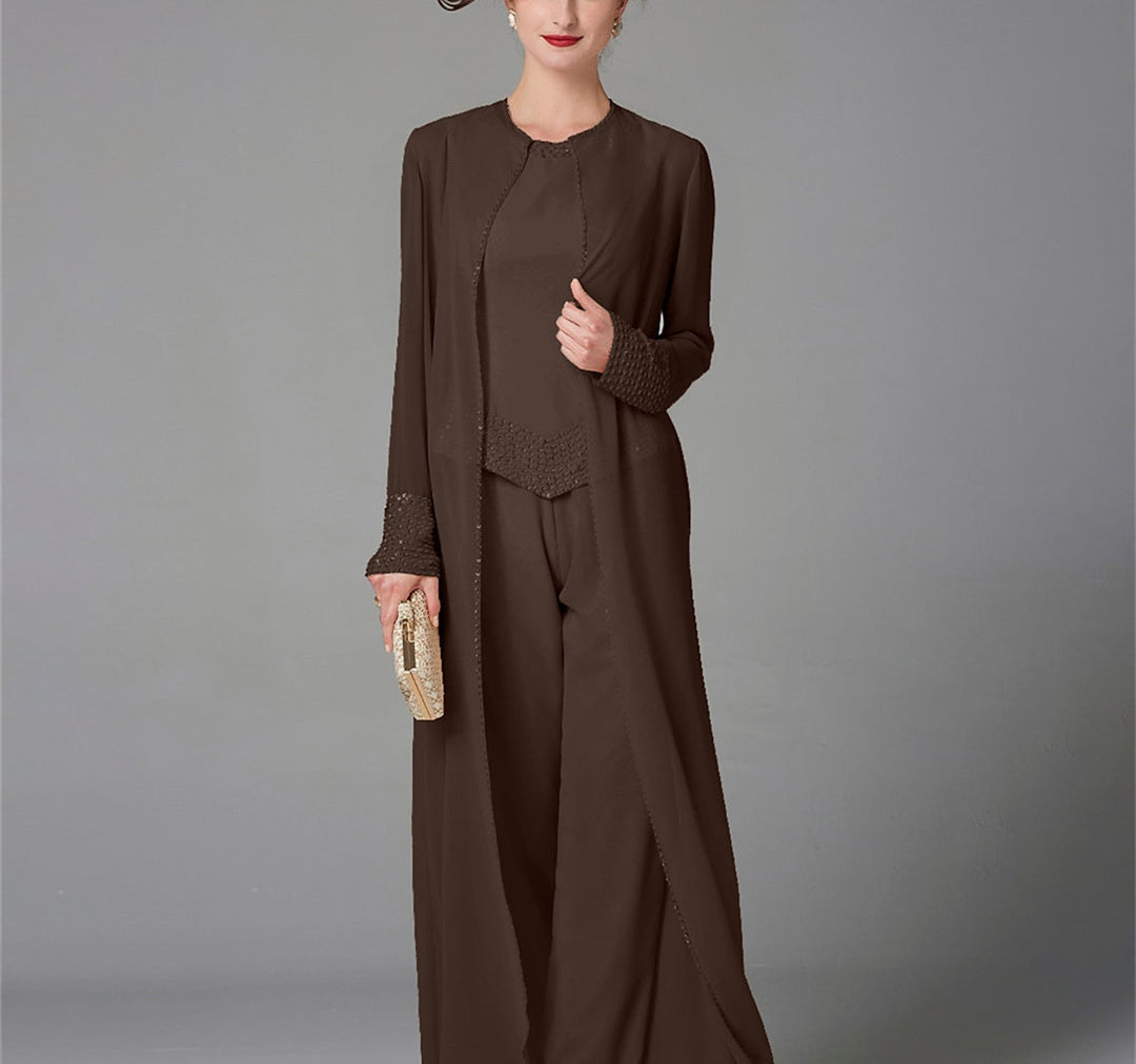 Chiffon Long Sleeves Mother of the Bride Pantsuits with Jacket & Sequins