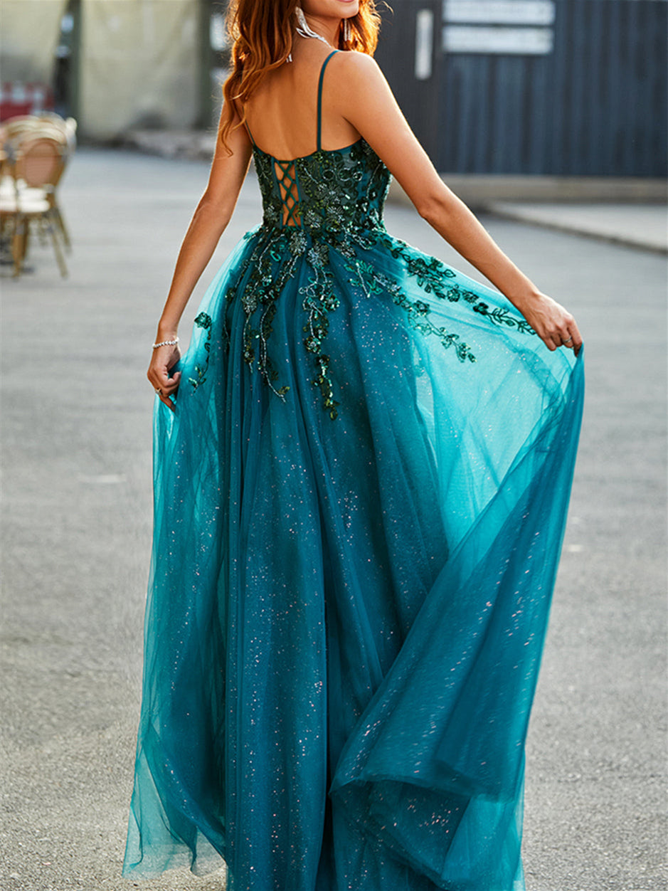 A-Line/Princess  Spaghetti Straps Sleeveless Floor-Length Evening Dress with Appliques