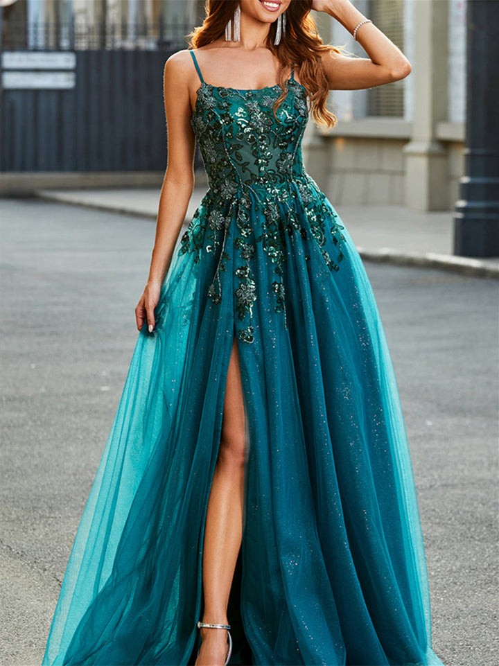 A-Line/Princess  Spaghetti Straps Sleeveless Floor-Length Evening Dress with Appliques