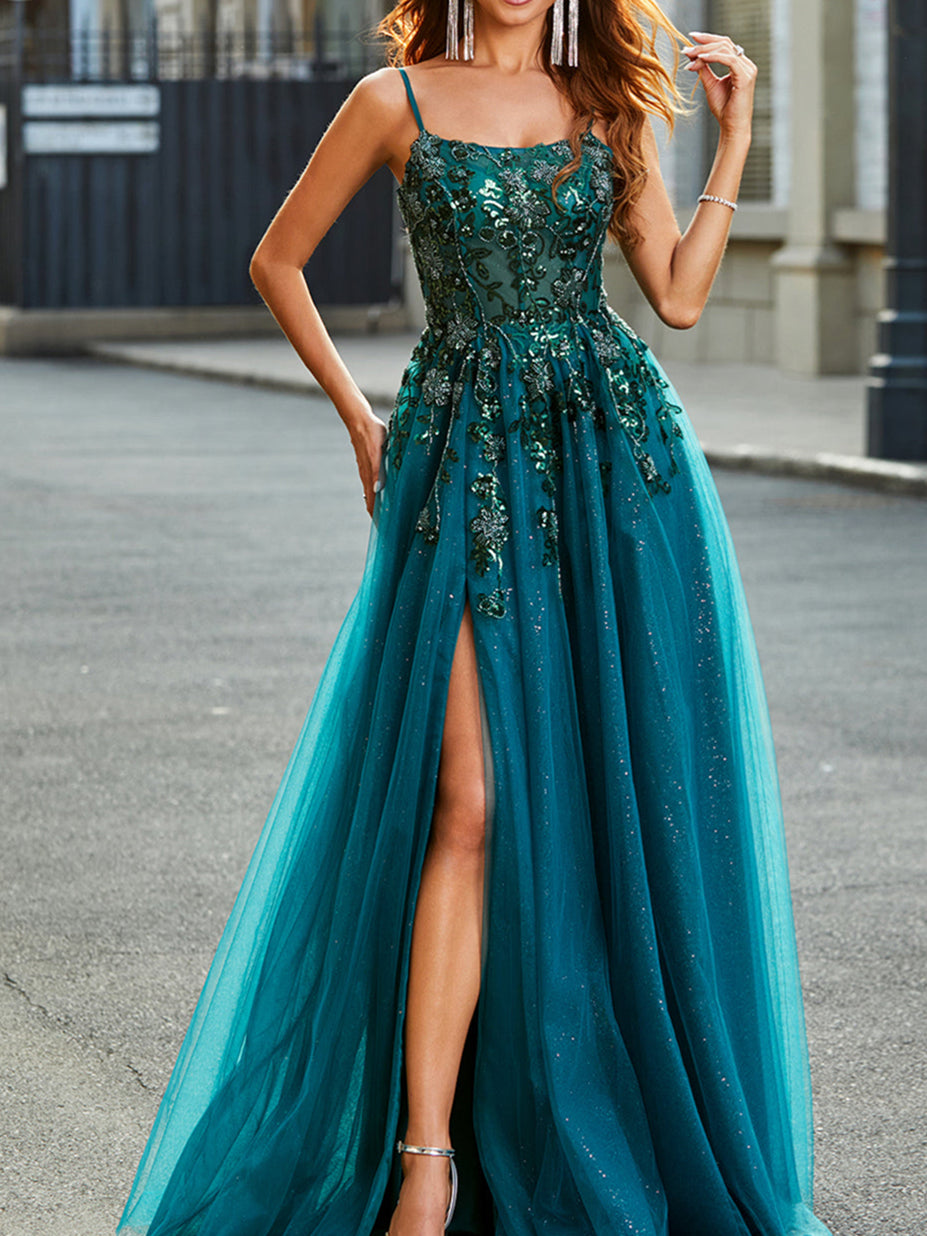 A-Line/Princess  Spaghetti Straps Sleeveless Floor-Length Evening Dress with Appliques