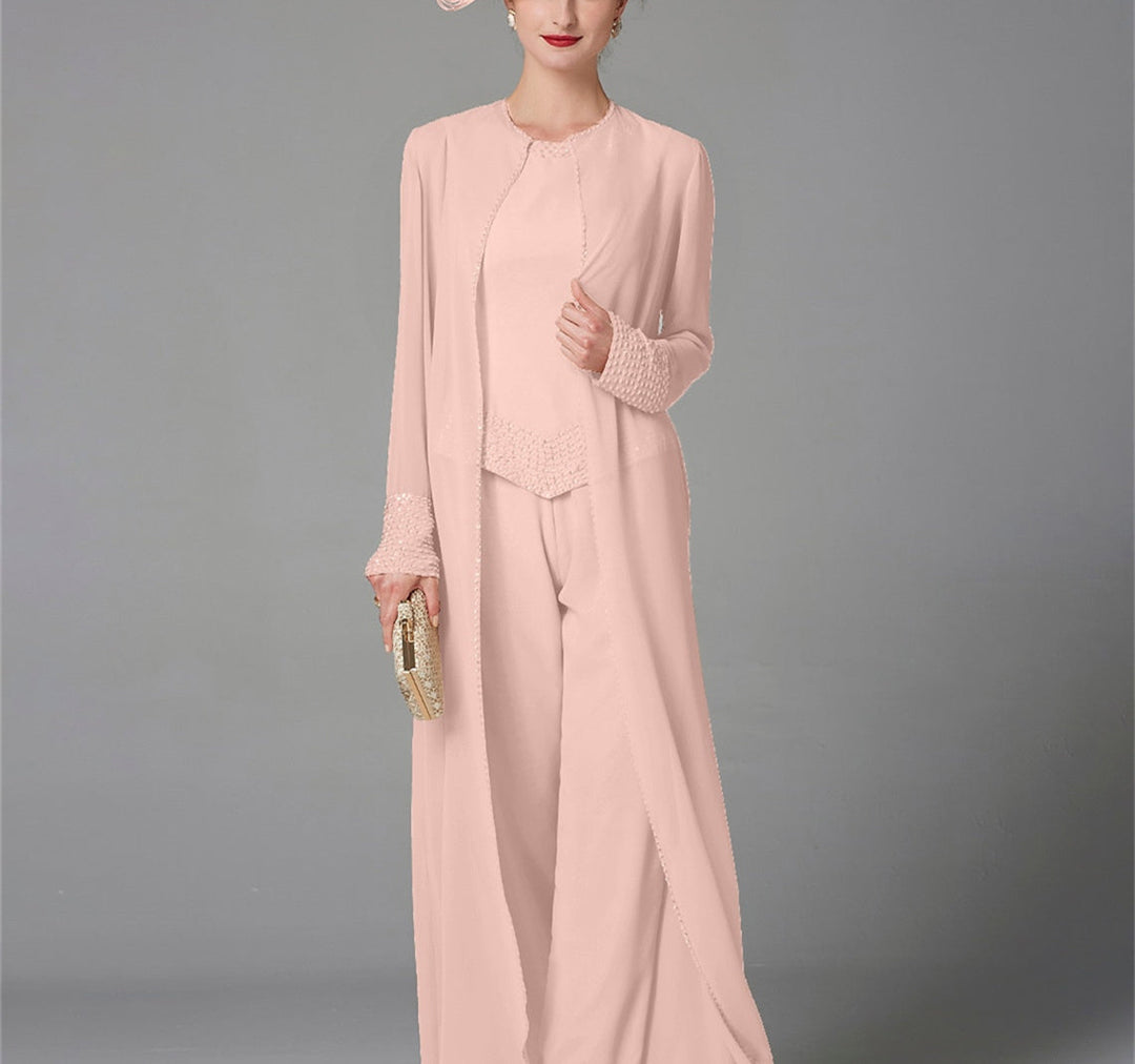 Chiffon Long Sleeves Mother of the Bride Pantsuits with Jacket & Sequins