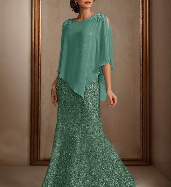 Chiffon Scoop Floor-Length Mother of the Bride Pantsuits with Beading Sequins