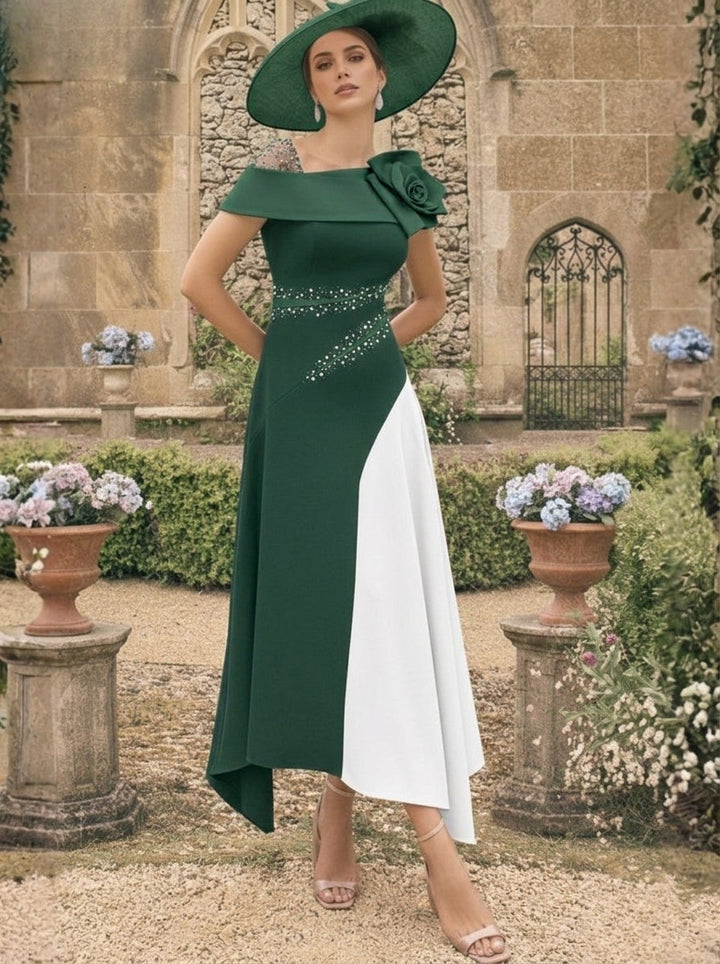 A-Line/Princess One-Shoulder Stretch Satin Mother of the Bride Dresses With 3D Flower Asymmetrical Ankle-Length