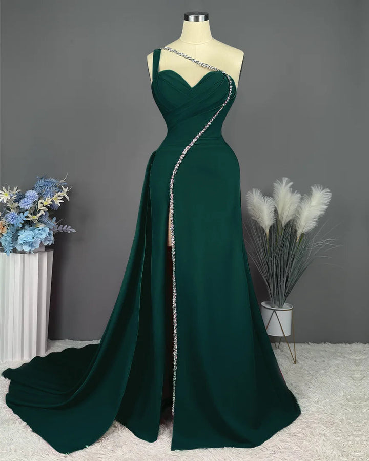 Sheath/Column One-Shoulder Floor-Length Long Formal Evening Dresses With Slit Pleated Beadings