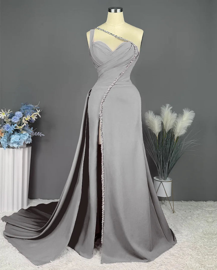 Sheath/Column One-Shoulder Floor-Length Long Formal Evening Dresses With Slit Pleated Beadings