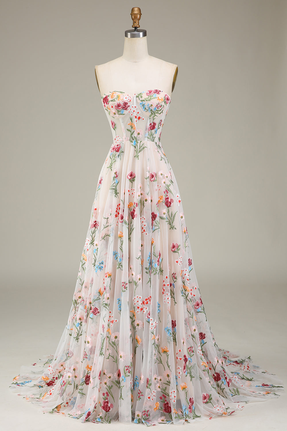 A-Line/Princess Sweetheart Strapless Floor-Length floral Evening Dress with Embroidery