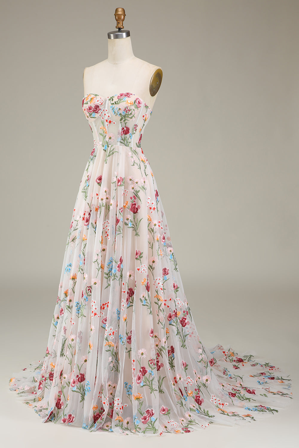 A-Line/Princess Sweetheart Strapless Floor-Length floral Evening Dress with Embroidery