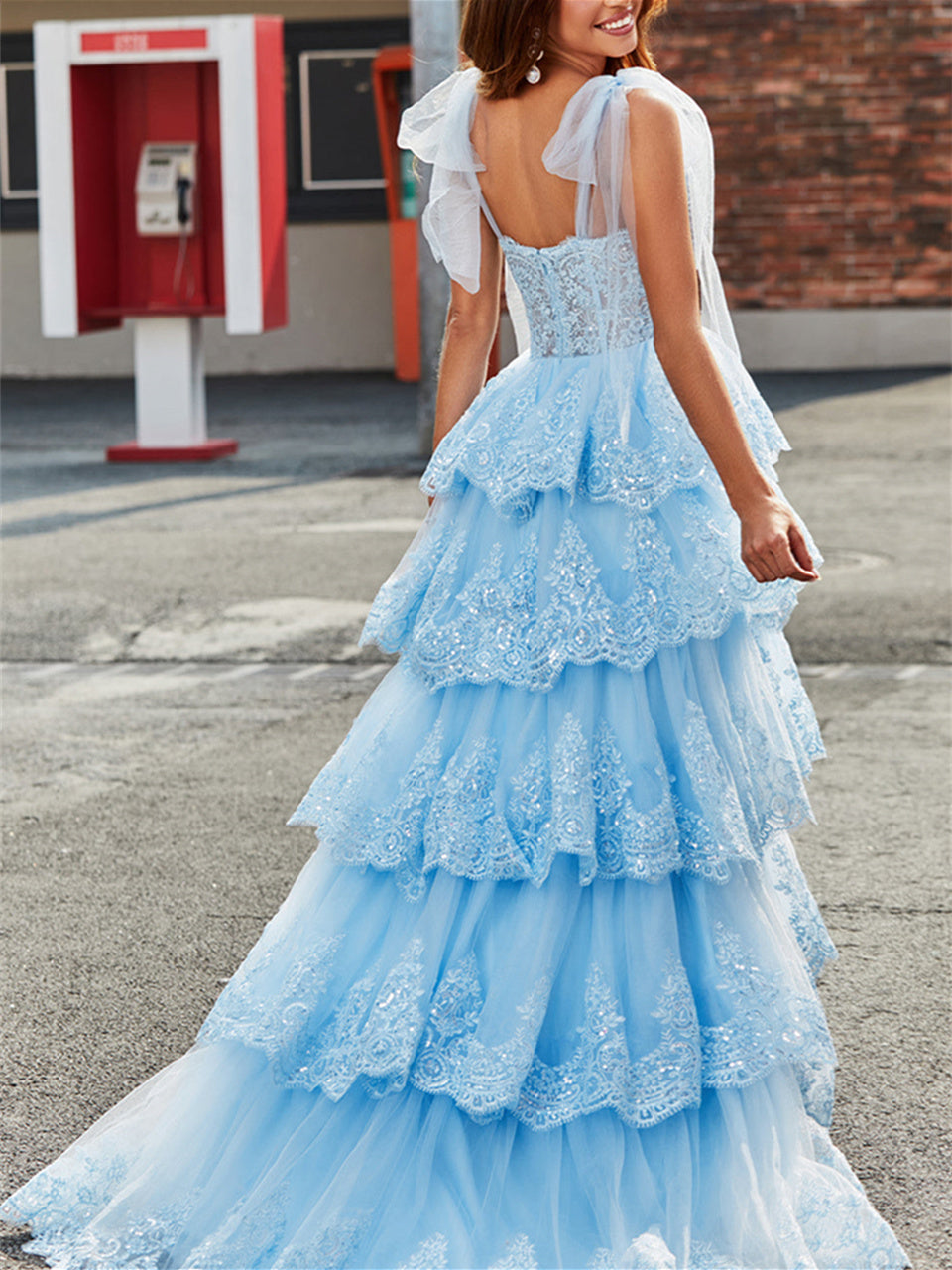 A-Line/Princess Sweetheart Bow Tie Straps Floor-Length Tiered Flower Formal Dress with Embroidery