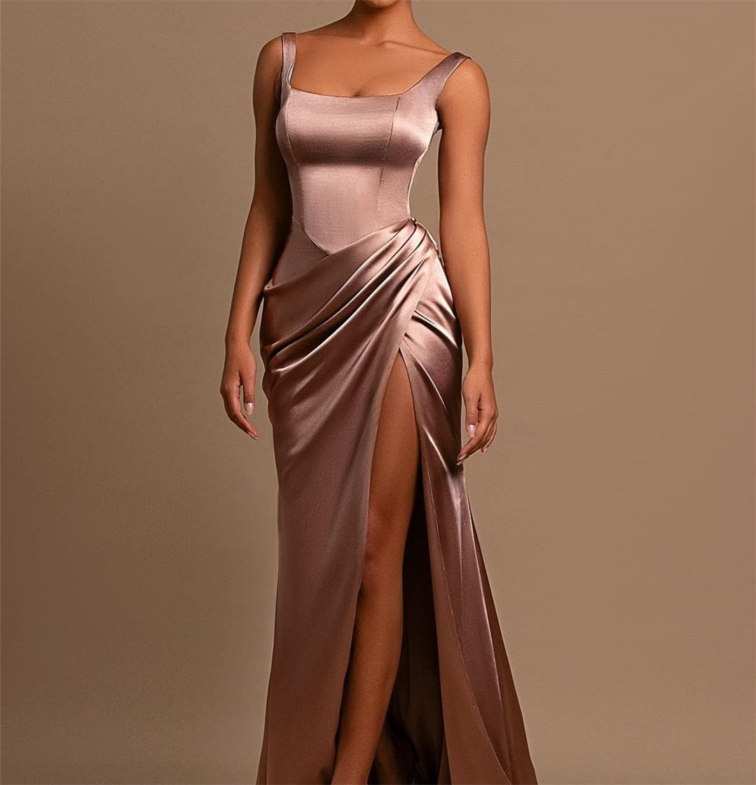 Sheath/Column Wide Shoulder Straps Square Neckline Floor-Length Long Formal Evening Dresses  With Split Side