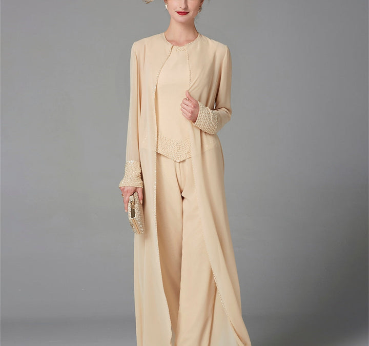 Chiffon Long Sleeves Mother of the Bride Pantsuits with Jacket & Sequins