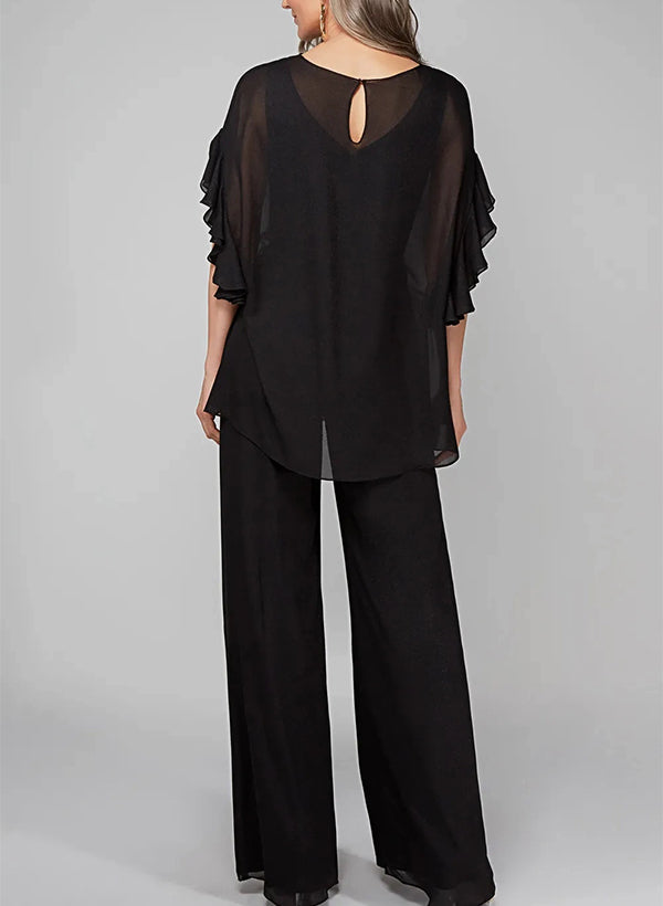 Jumpsuits Scoop Half Sleeves Chiffon Mother Of The Bride Pantsuits