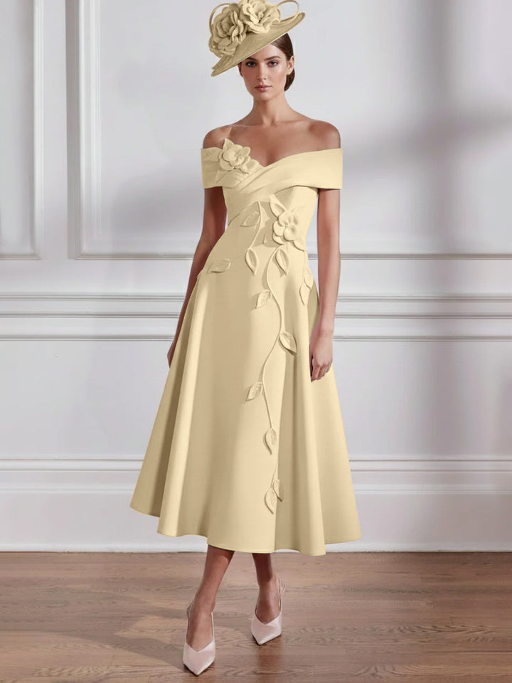 A-Line/Princess Off-the-shoulder Tea-Length Mother of the Bride Dresses with 3D Flowers