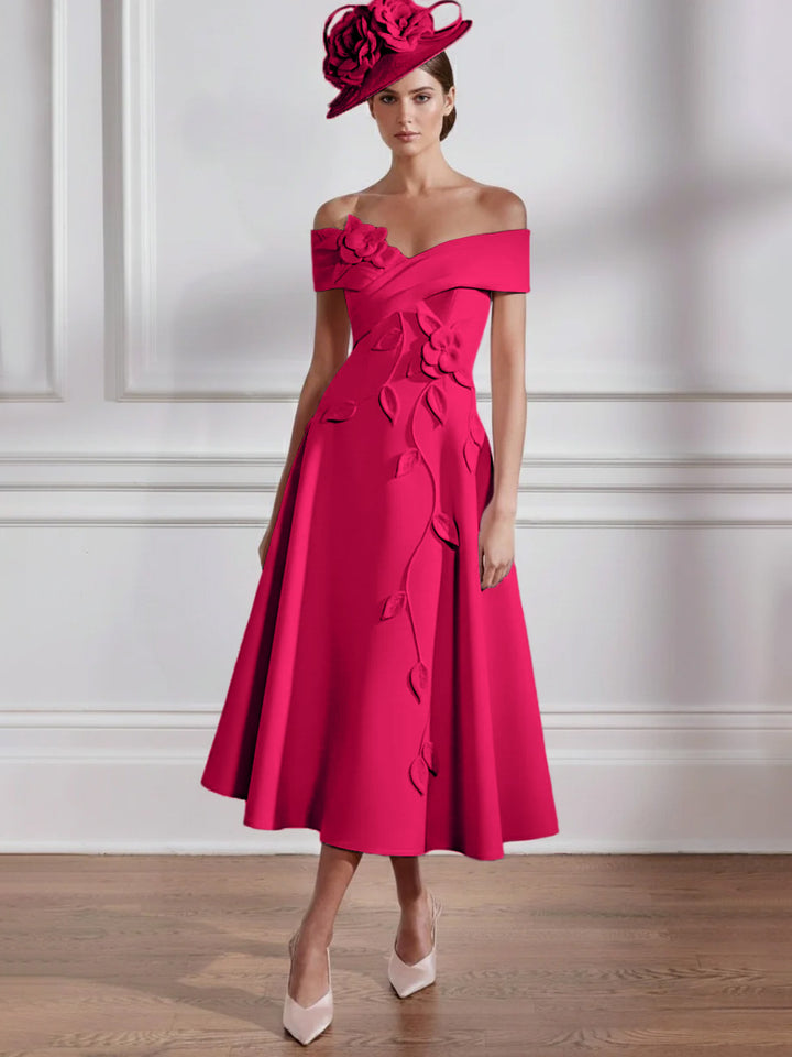 A-Line/Princess Off-the-shoulder Tea-Length Mother of the Bride Dresses with 3D Flowers