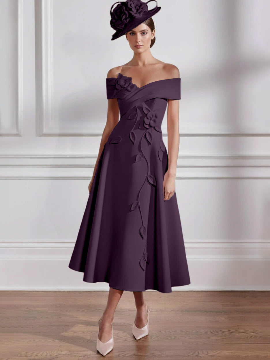 A-Line/Princess Off-the-shoulder Tea-Length Mother of the Bride Dresses with 3D Flowers