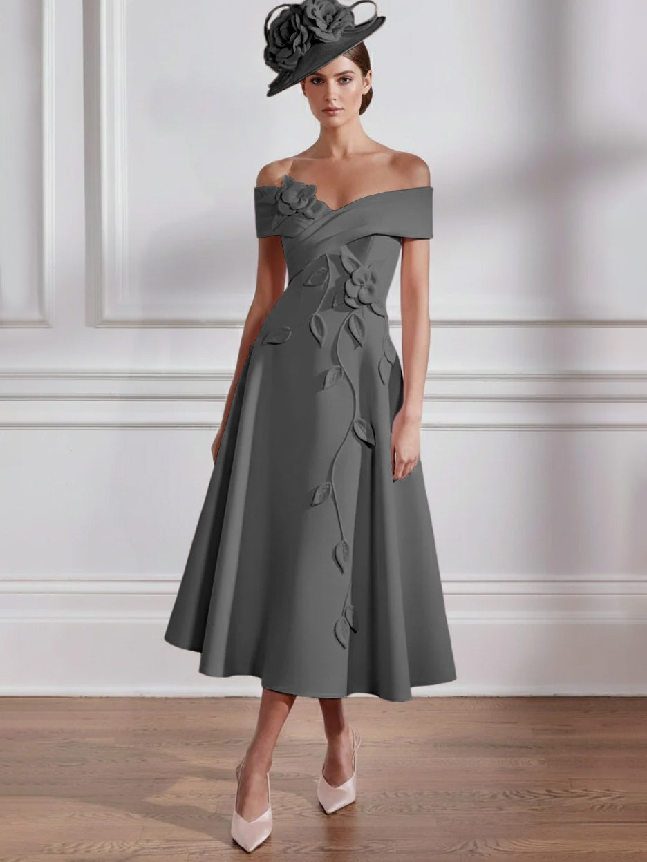 A-Line/Princess Off-the-shoulder Tea-Length Mother of the Bride Dresses with 3D Flowers