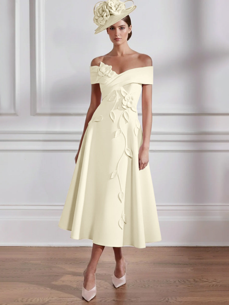 A-Line/Princess Off-the-shoulder Tea-Length Mother of the Bride Dresses with 3D Flowers