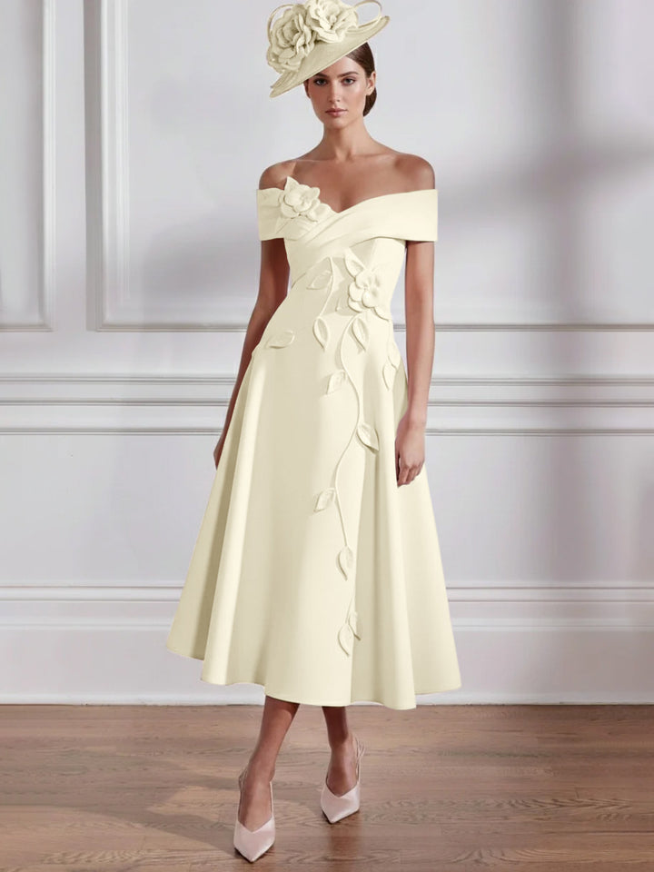 A-Line/Princess Off-the-shoulder Tea-Length Mother of the Bride Dresses with 3D Flowers