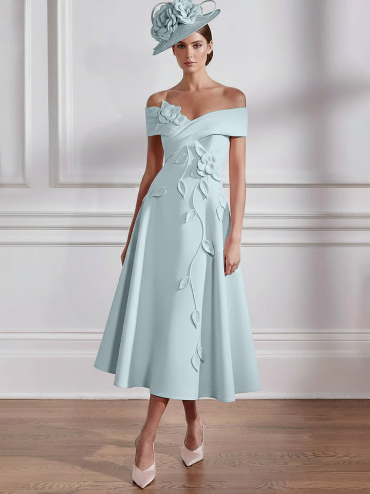A-Line/Princess Off-the-shoulder Tea-Length Mother of the Bride Dresses with 3D Flowers