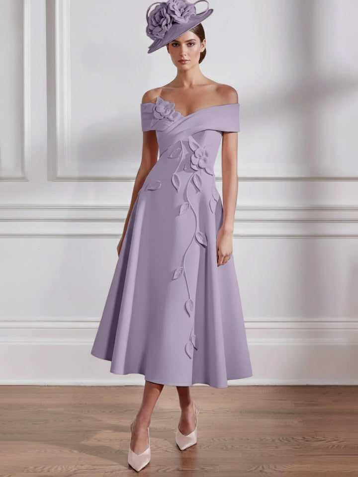 A-Line/Princess Off-the-shoulder Tea-Length Mother of the Bride Dresses with 3D Flowers