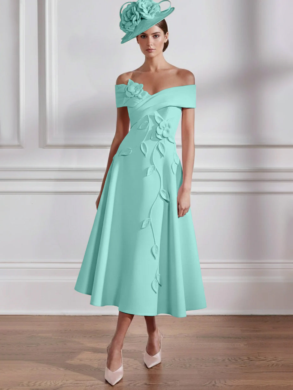 A-Line/Princess Off-the-shoulder Tea-Length Mother of the Bride Dresses with 3D Flowers