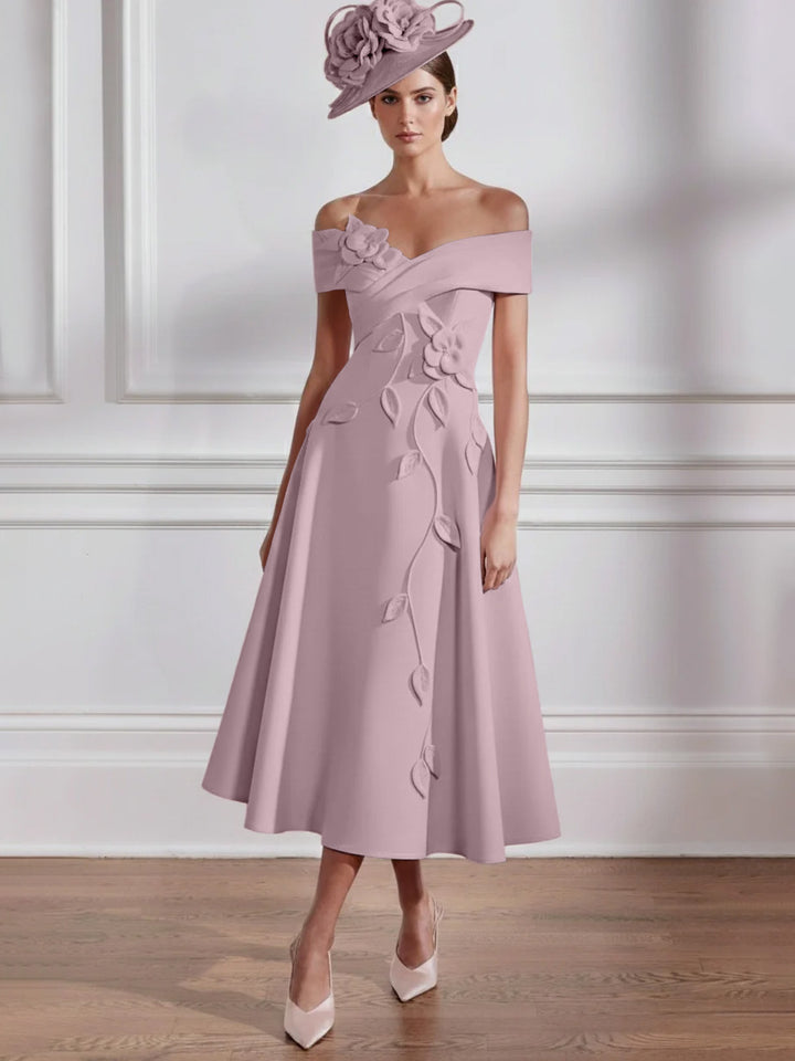 A-Line/Princess Off-the-shoulder Tea-Length Mother of the Bride Dresses with 3D Flowers