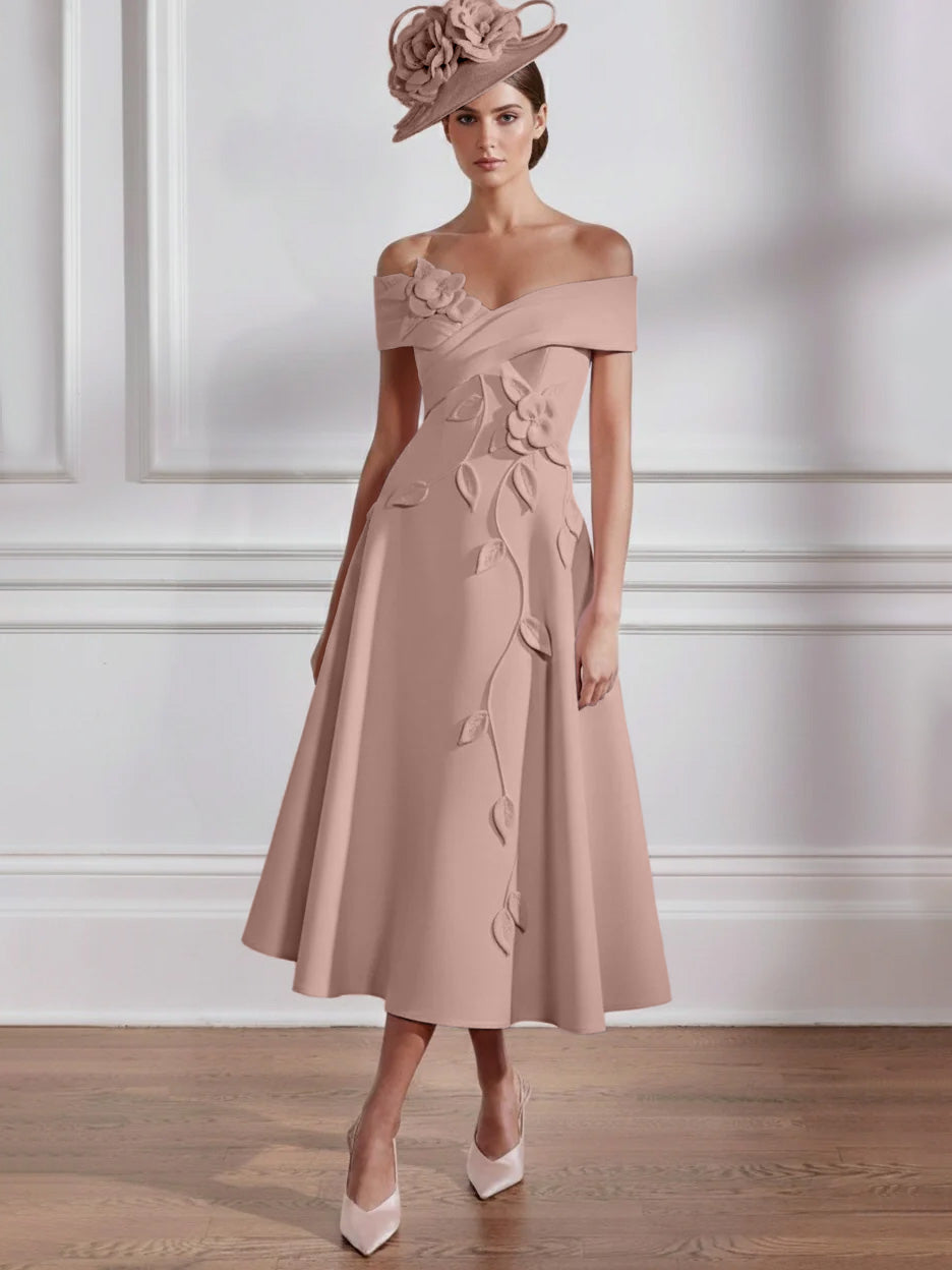A-Line/Princess Off-the-shoulder Tea-Length Mother of the Bride Dresses with 3D Flowers